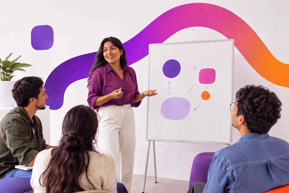 Mentora dando una clase a su comunidad con módulos de curso y alumnos avanzando