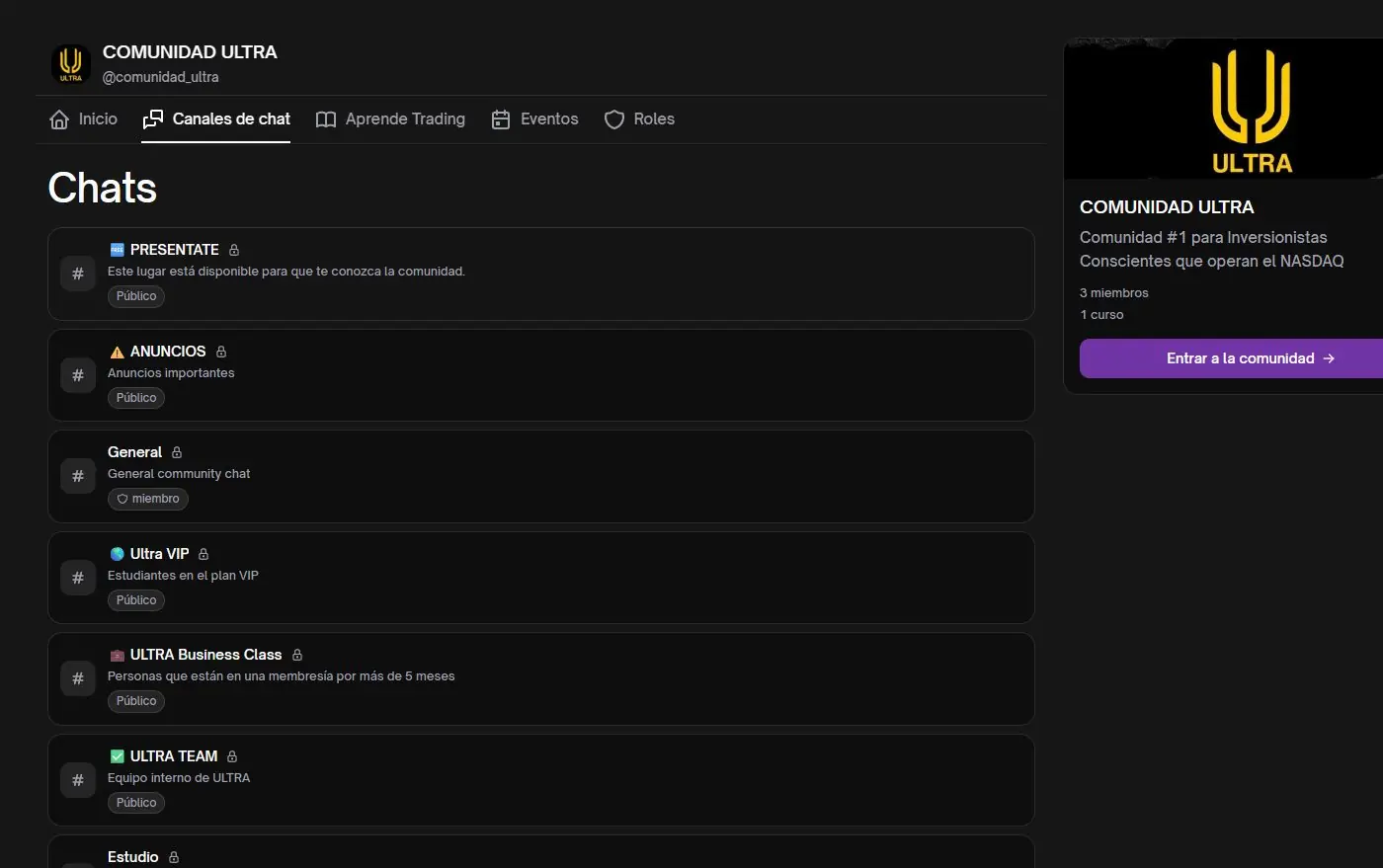 Canales de chat de una comunidad en WEMANY, algunos abiertos y otros restringidos por rol