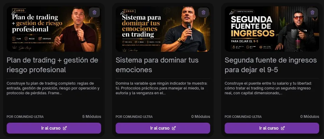 Tres cursos de Comunidad ULTRA con su precio y botón Ir al curso
