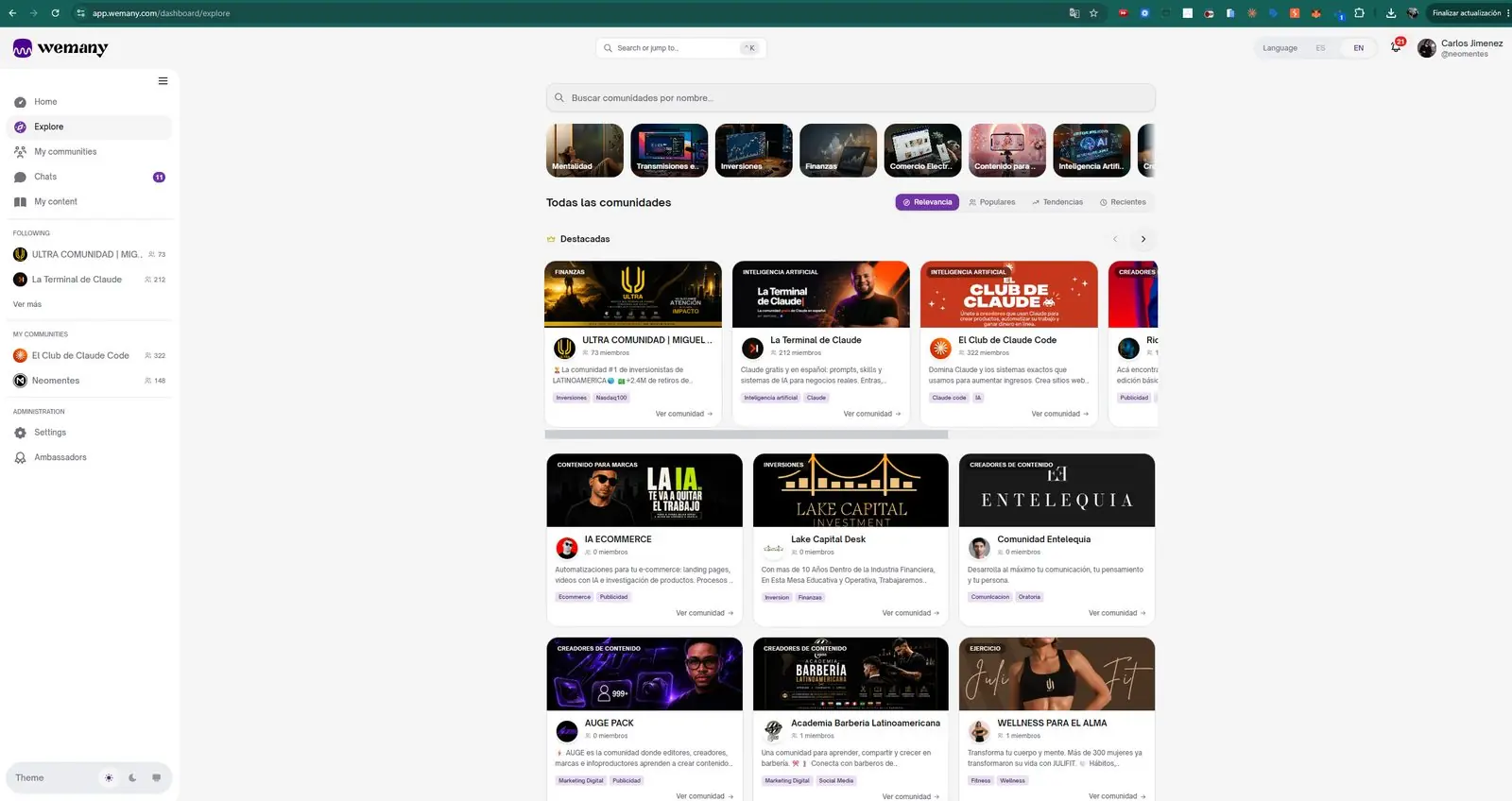 Explorar dentro de la app de WEMANY, con categorías y comunidades destacadas