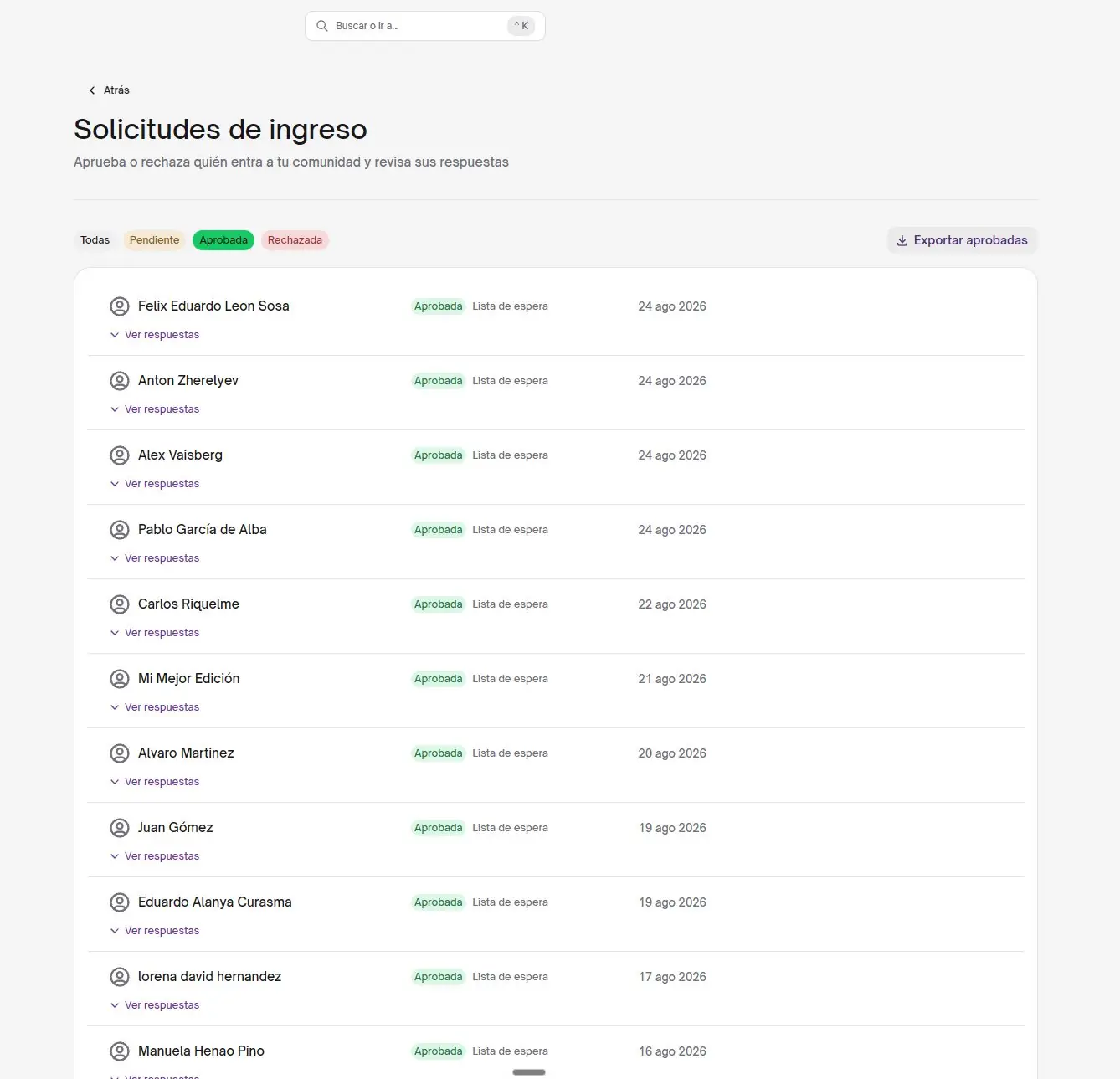 Solicitudes de ingreso en el panel de administración de WEMANY